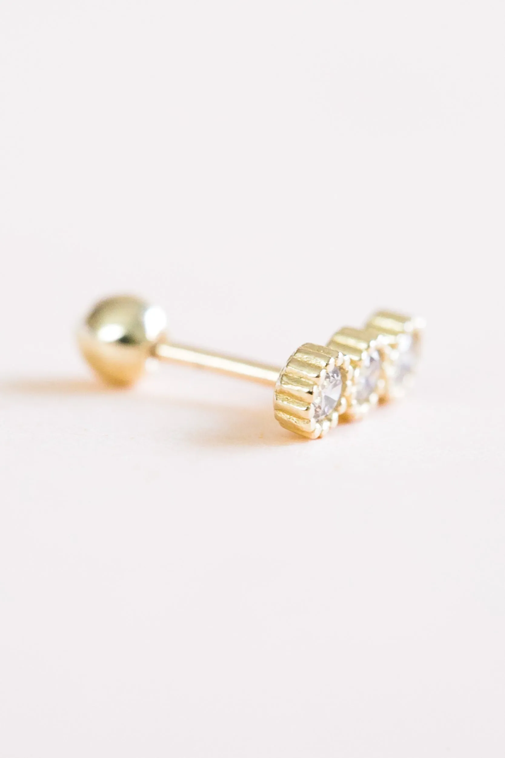 14k Gold Jewelry Triple Round Cz Barbell Ear Stud Piercing