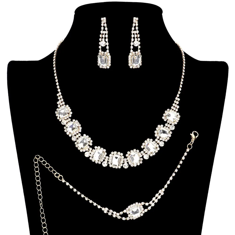 3PC Emerald Cut Stone Accented Rhinestone Jewelry Set