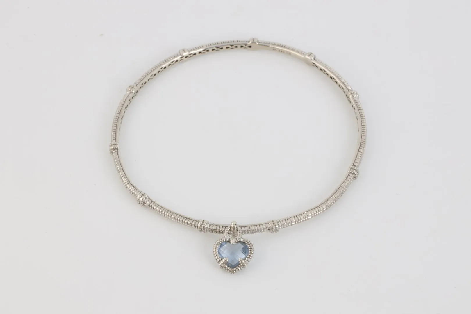 7" Judith Ripka 925 Silver Bangle Bracelet w/ Blue Quartz Heart Charm (9.75g.)