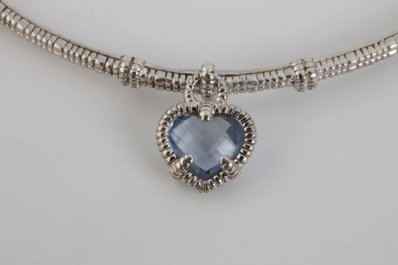 7" Judith Ripka 925 Silver Bangle Bracelet w/ Blue Quartz Heart Charm (9.75g.)