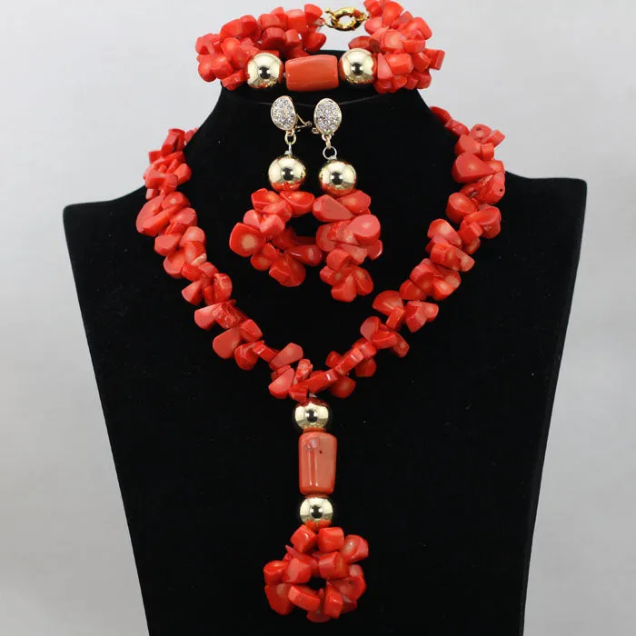 African Coral Beads Necklace Bracelet Earrings Jewelry Set