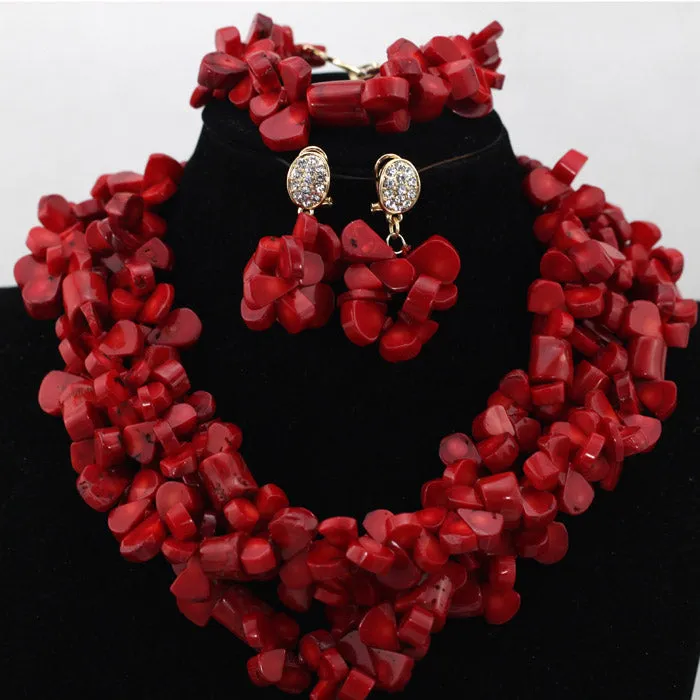 African Coral Beads Necklace Bracelet Earrings Jewelry Set