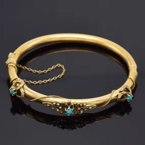 Antique Victorian 14K Gold Turquoise & Sea Pearl Hinged Bangle Bracelet