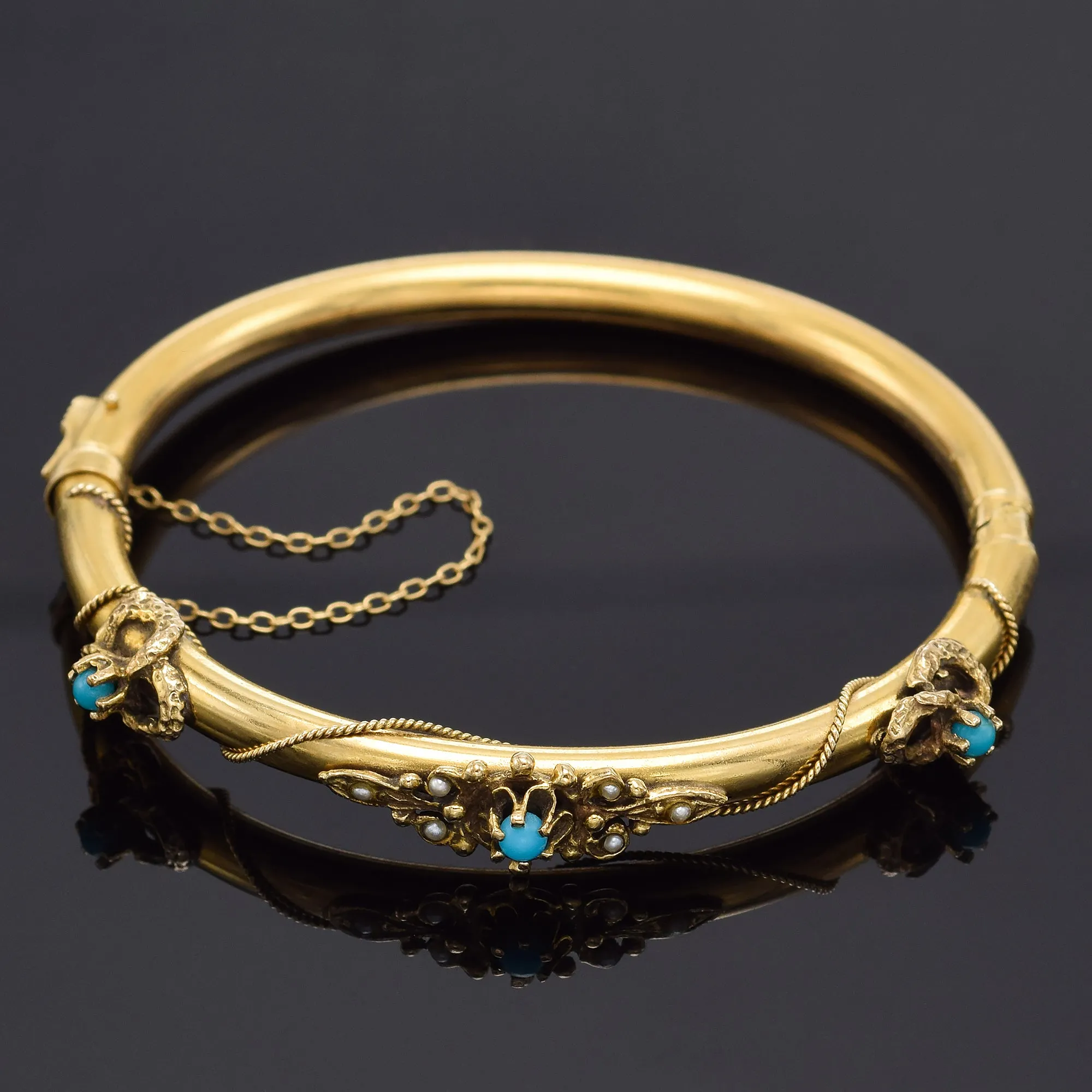 Antique Victorian 14K Gold Turquoise & Sea Pearl Hinged Bangle Bracelet