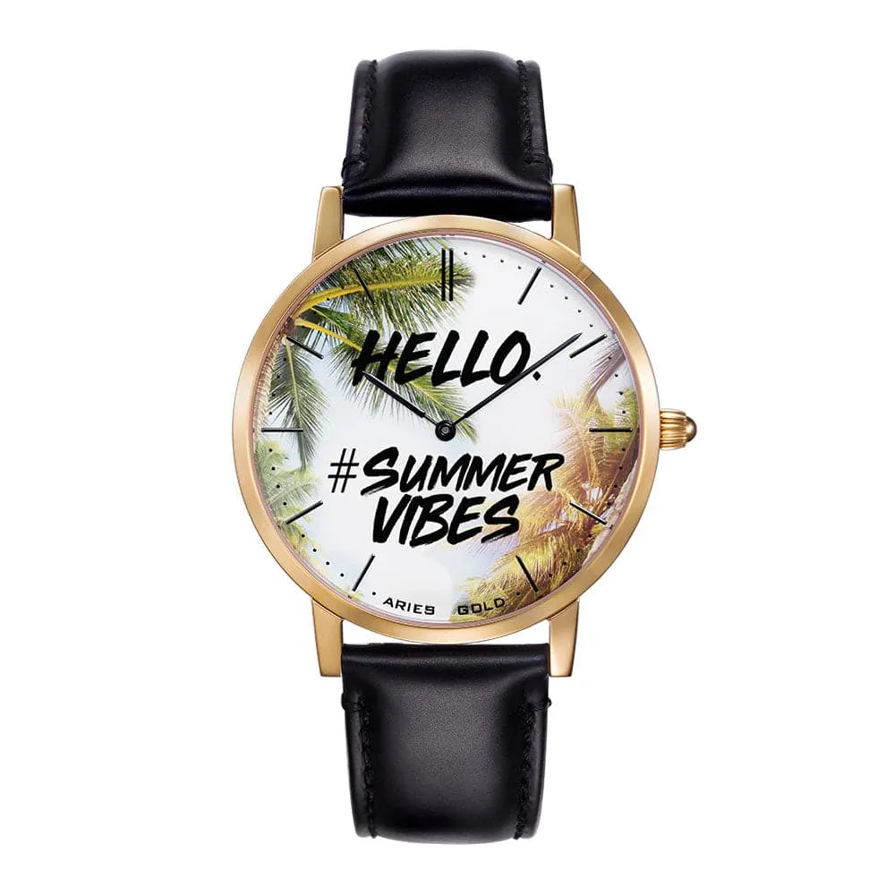 ARIES GOLD CUSTOMISED GOLD STAINLESS STEEL WATCH - HELLO SUMMER VIBES UNISEX LEATHER STRAP WATCH