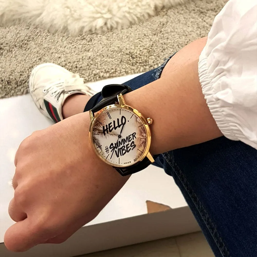 ARIES GOLD CUSTOMISED GOLD STAINLESS STEEL WATCH - HELLO SUMMER VIBES UNISEX LEATHER STRAP WATCH