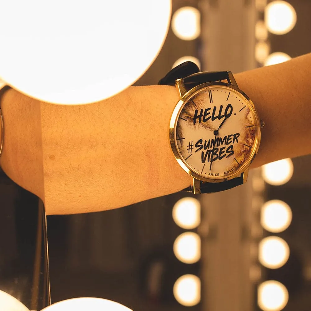 ARIES GOLD CUSTOMISED GOLD STAINLESS STEEL WATCH - HELLO SUMMER VIBES UNISEX LEATHER STRAP WATCH