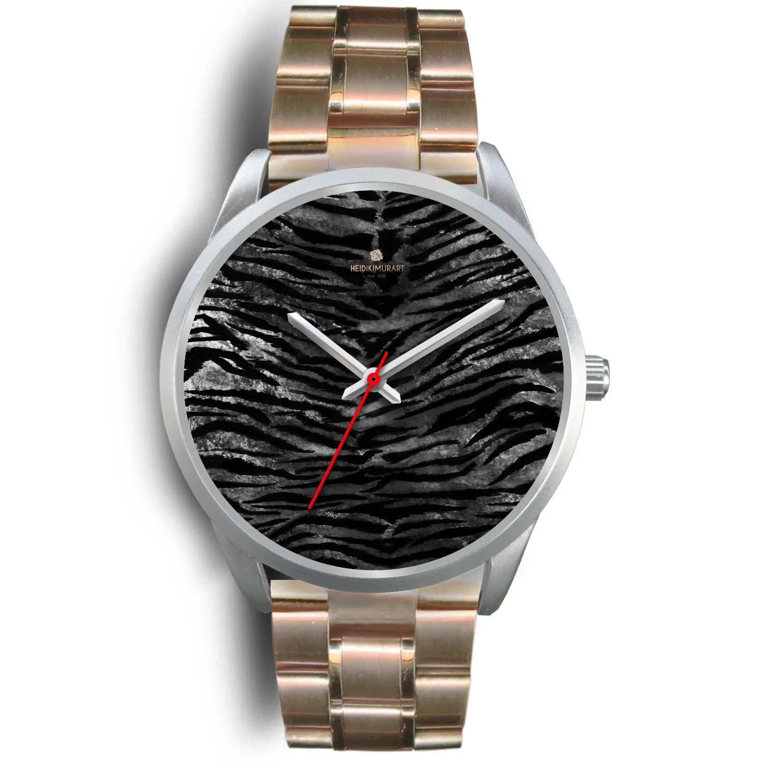 Black Tiger Stripe Watch, Animal Print Pattern Silver Accent Metal Unisex Designer Watch