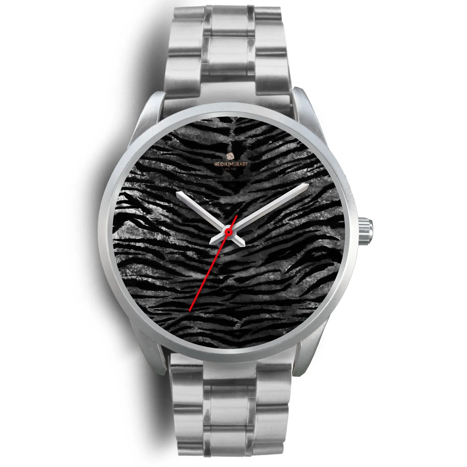 Black Tiger Stripe Watch, Animal Print Pattern Silver Accent Metal Unisex Designer Watch