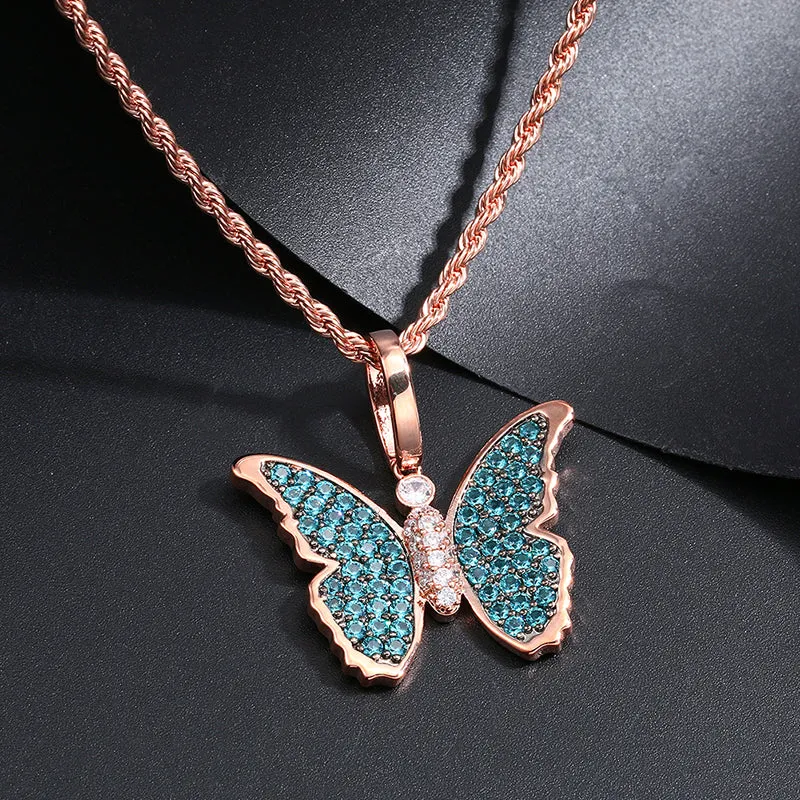 Blue Crystal Butterfly Pendant Necklace Bling Hip Hop Jewelry