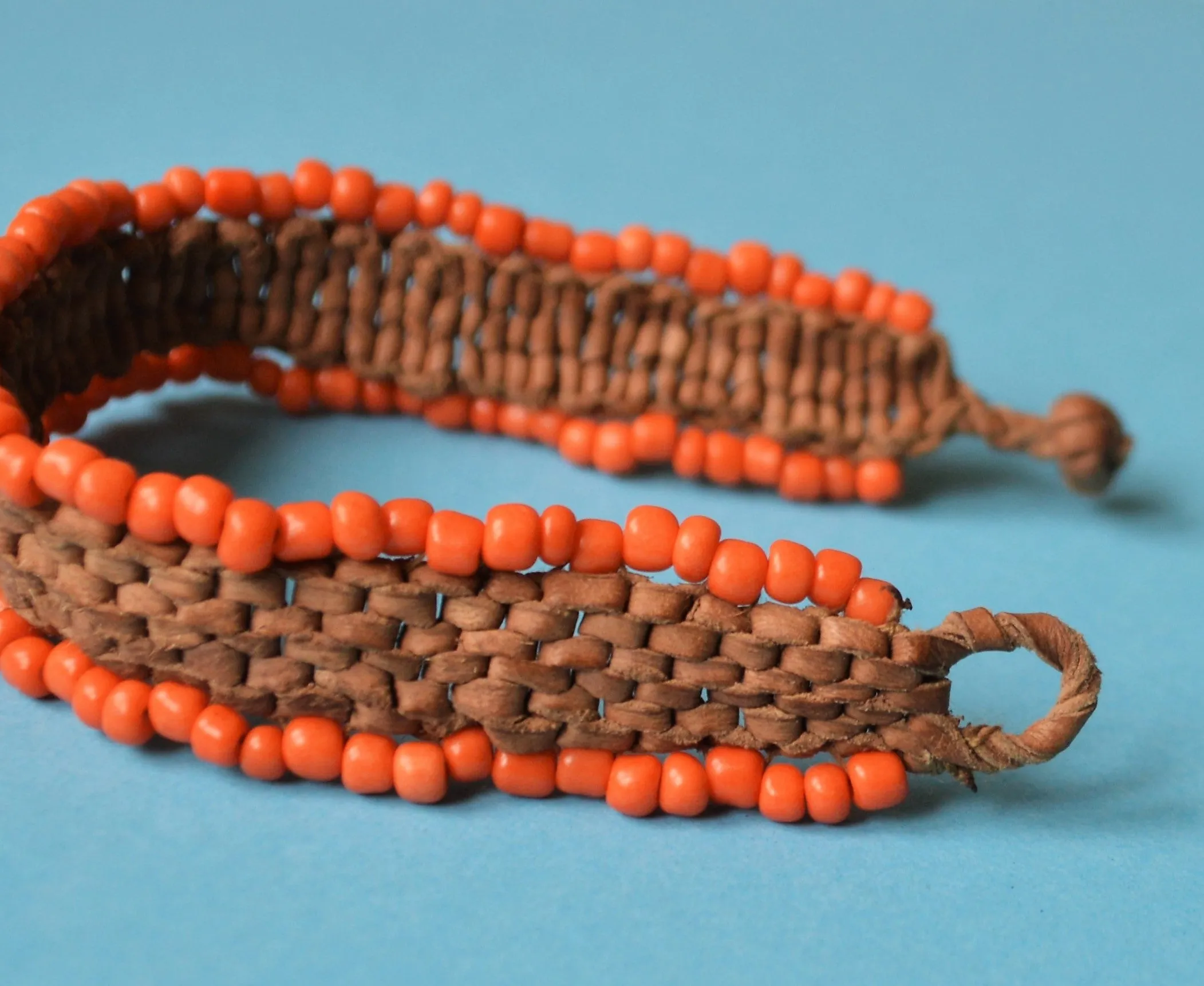 Braided leather bracelet orange beads, Boho bracelet