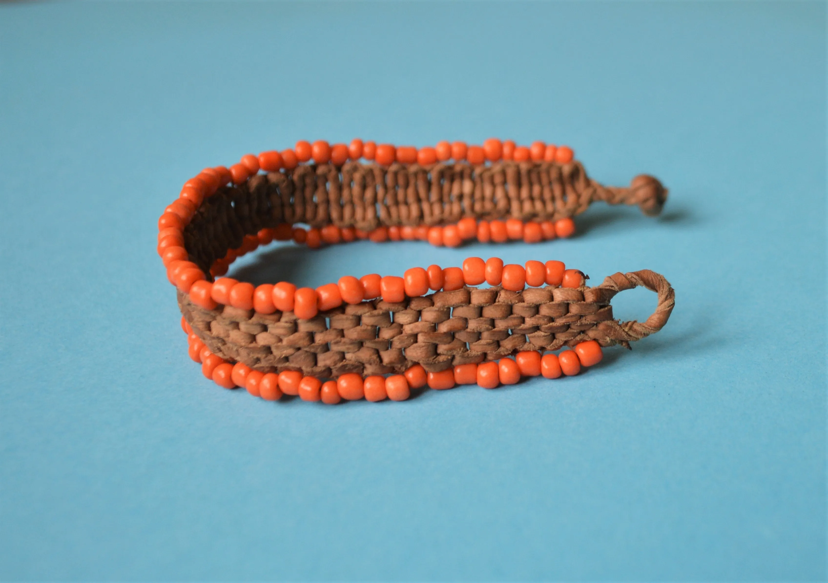 Braided leather bracelet orange beads, Boho bracelet