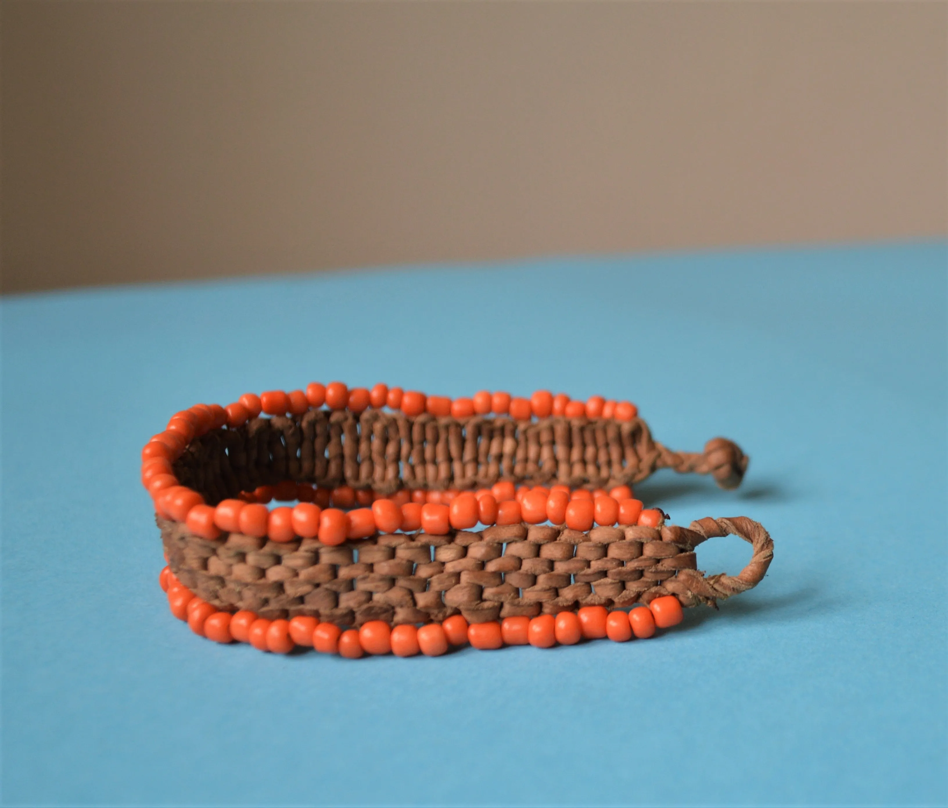 Braided leather bracelet orange beads, Boho bracelet