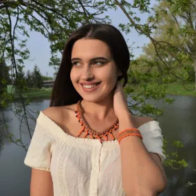 Braided leather bracelet orange beads, Boho bracelet