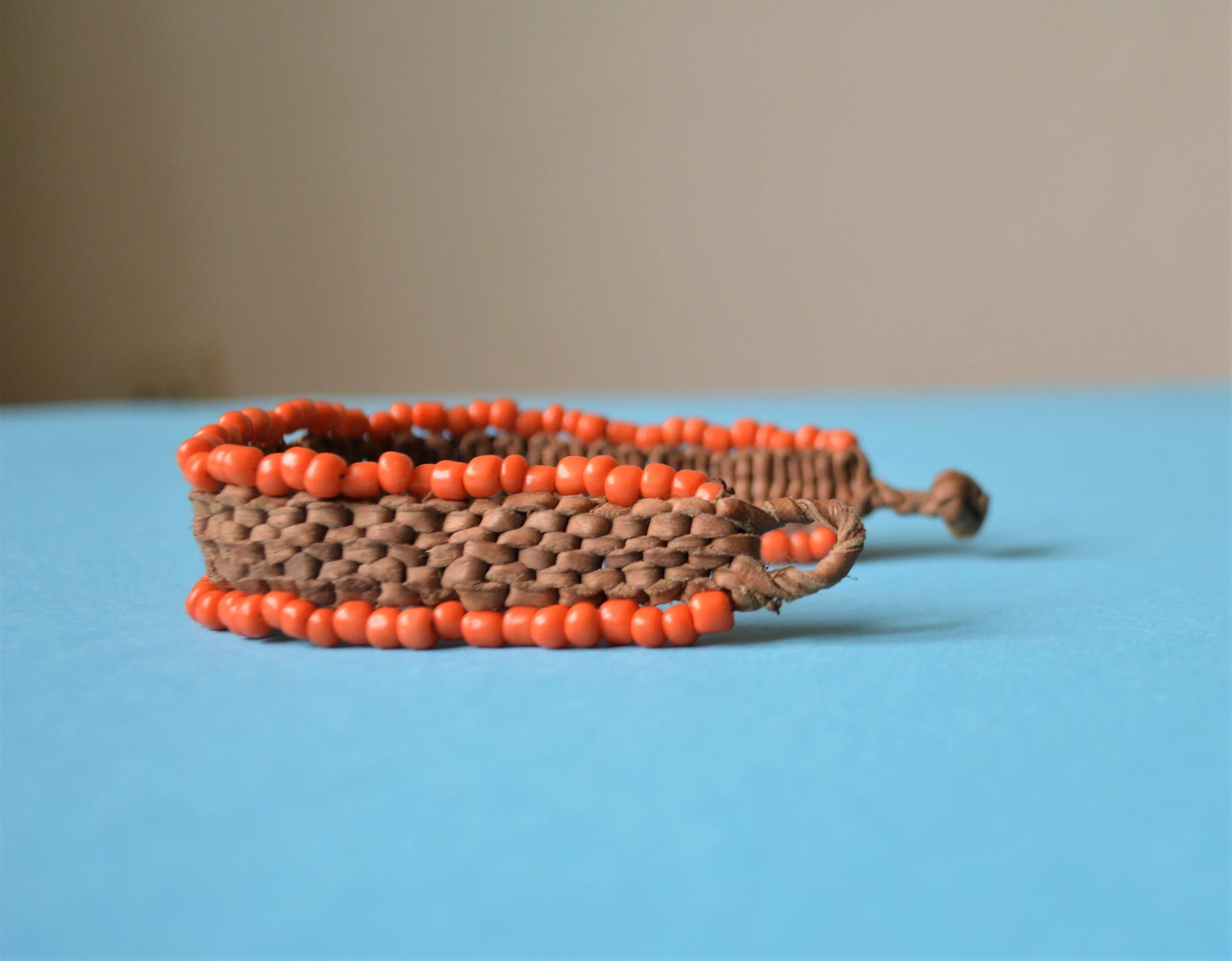 Braided leather bracelet orange beads, Boho bracelet