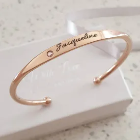 CBA102583 - Personalized Words & Birthstone Bangle, Rose Gold Plated Stainless Steel, 5mmx18cm