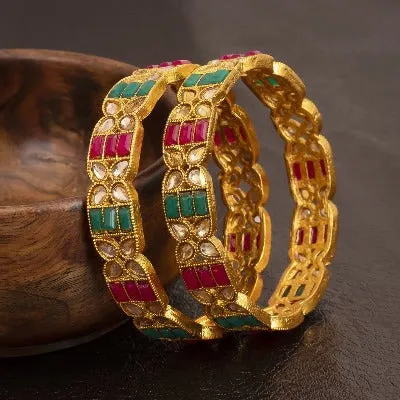 Gold Kundan Green Red Jadau Bangle Kada  ( Set of 2 )