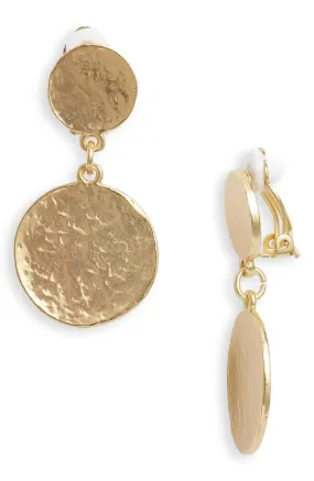 Hammered flat coin drop clip-on earrings