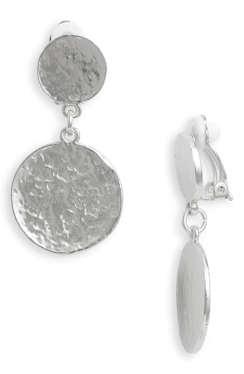 Hammered flat coin drop clip-on earrings