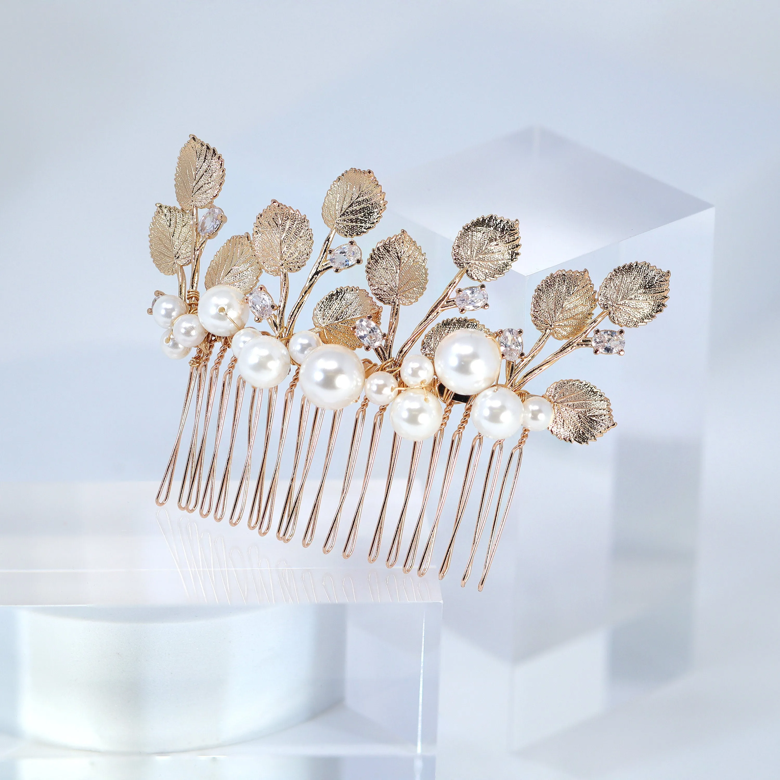 Millennium Crystals Bunch of Shiny Hazel Leaves Sitting on Faux Pearl Bridal Hair Comb, Bridal Hair Accessories, Wedding Hair Accessory.