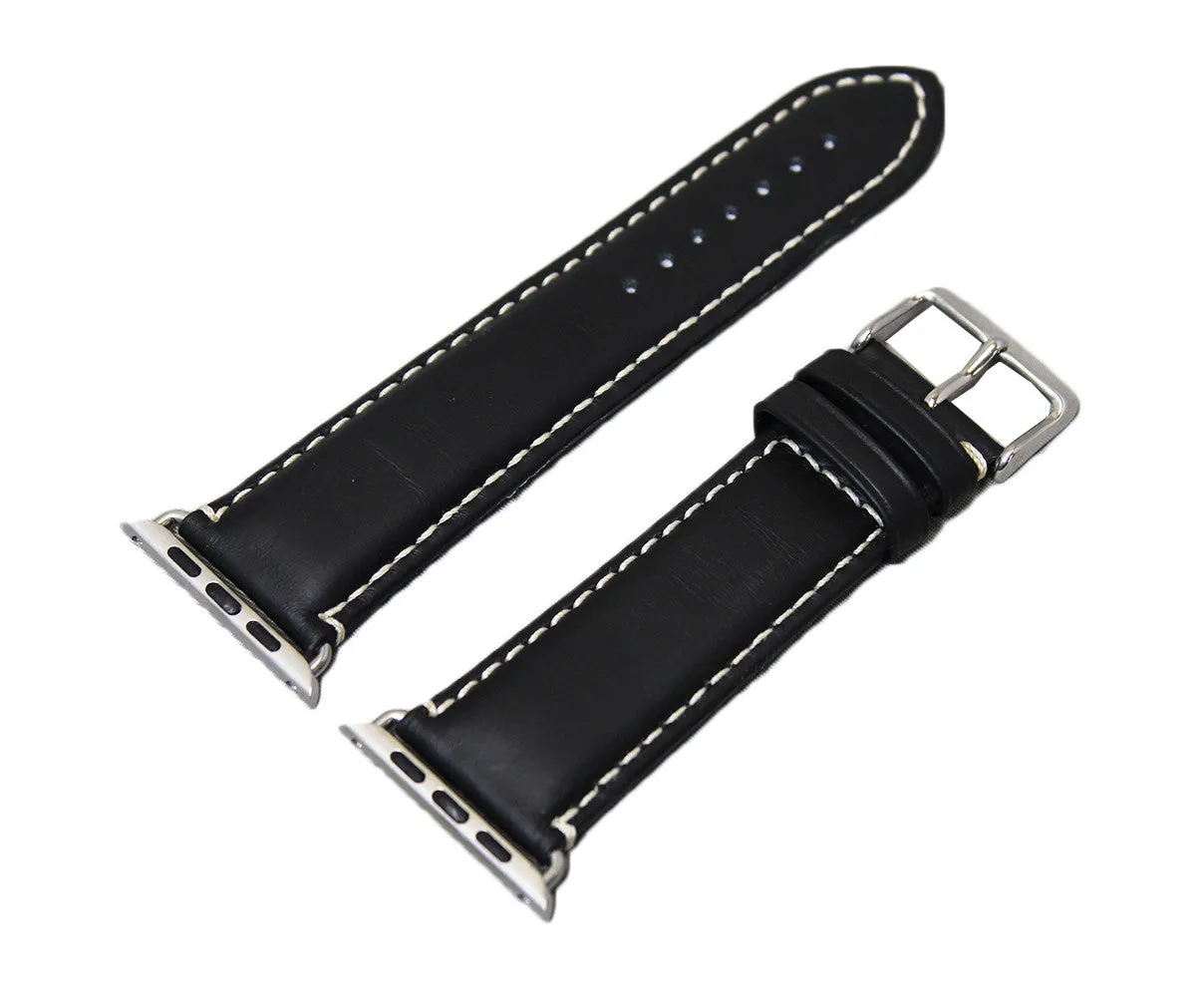 Mitri Genuine Leather Black Watch Strap With Contrast Stitching For Apple Watch