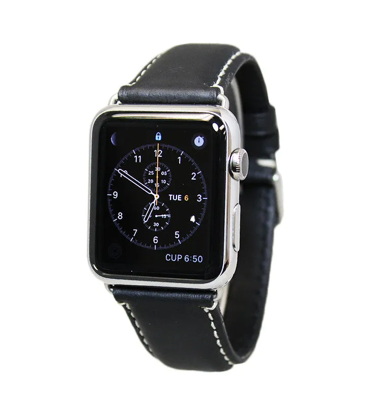 Mitri Genuine Leather Black Watch Strap With Contrast Stitching For Apple Watch