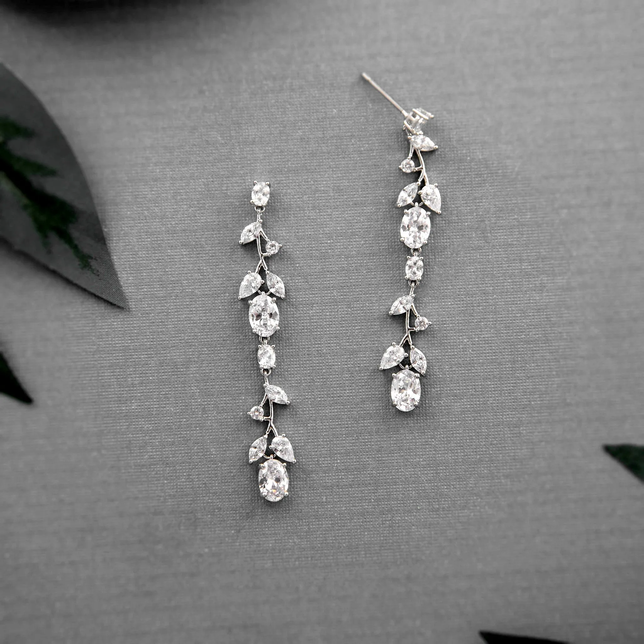 Oval Vine Drop CZ Earrings