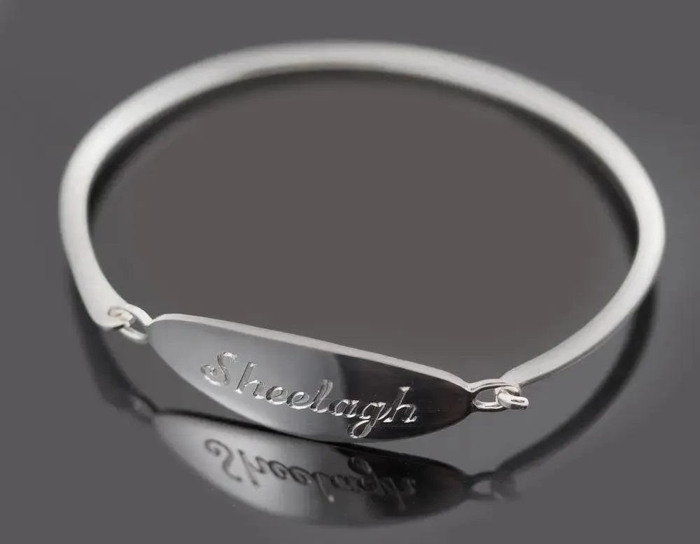 Personalised Sterling Bangle Plain Plate Engraved Front