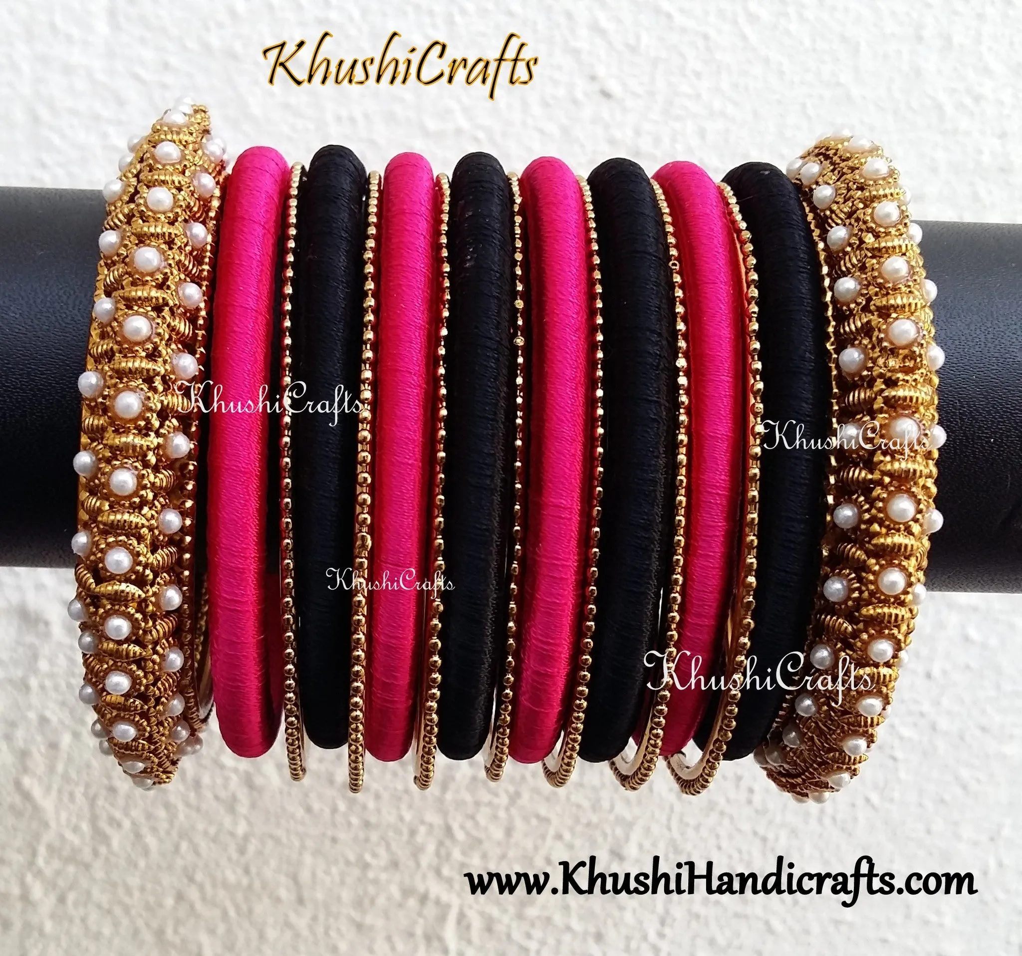 Silk Thread Bangles in Pink and Black with Pearl designer metal bangle