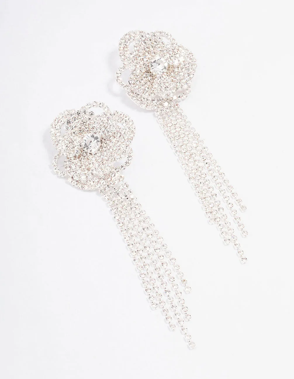 Silver Diamante Flower Cupchain Drop Earrings