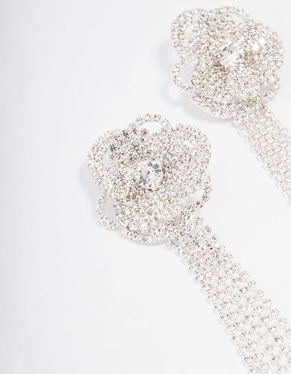 Silver Diamante Flower Cupchain Drop Earrings