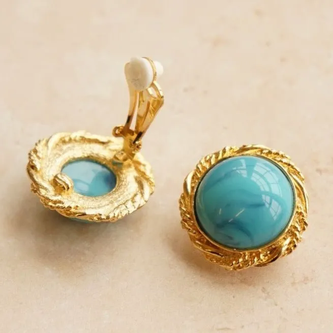 Vintage Domed Turquoise Stone Clip-On Earrings