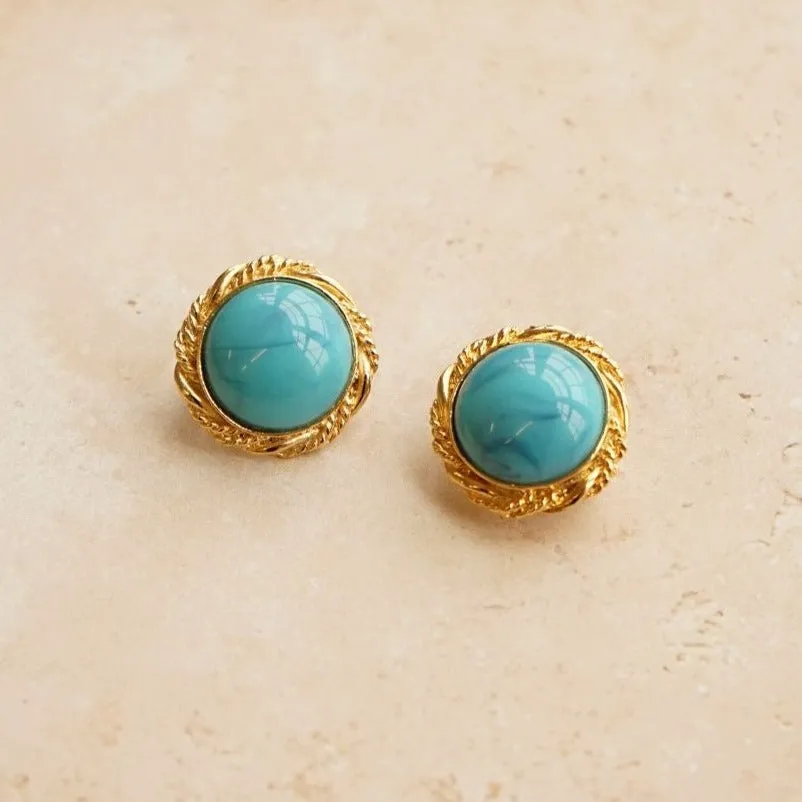 Vintage Domed Turquoise Stone Clip-On Earrings